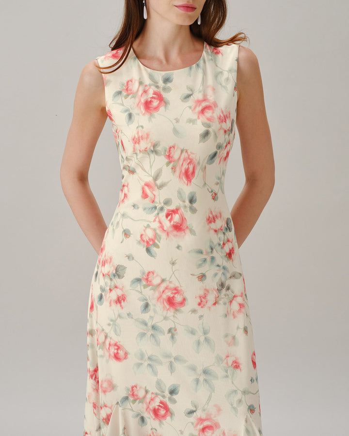 Vestido Maxi Floral Sin Mangas de Cuello Redondo Rosa