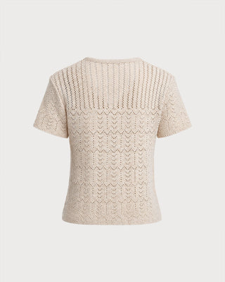 Cárdigan de Punto Texturizado Beige con Cuello en V y Botones