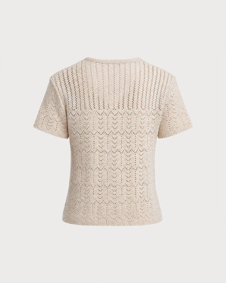 Cárdigan de Punto Texturizado Beige con Cuello en V y Botones