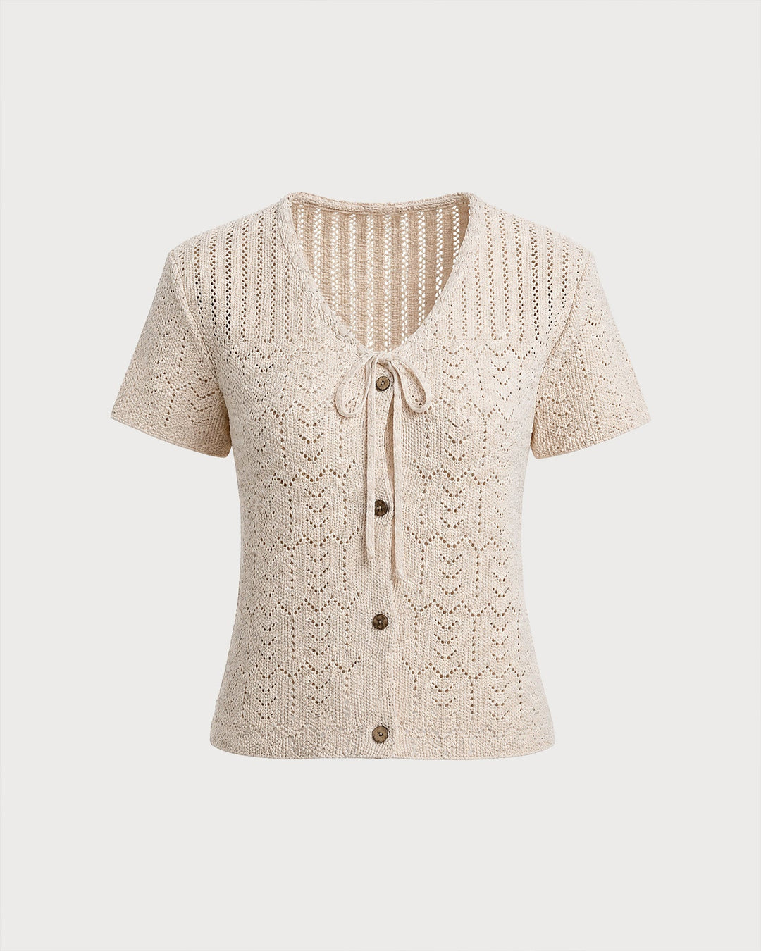 Cárdigan de Punto Texturizado Beige con Cuello en V y Botones