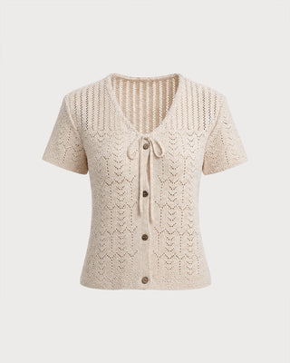 Cárdigan de Punto Texturizado Beige con Cuello en V y Botones