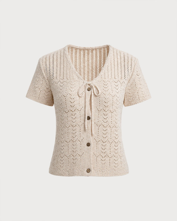Cárdigan de Punto Texturizado Beige con Cuello en V y Botones