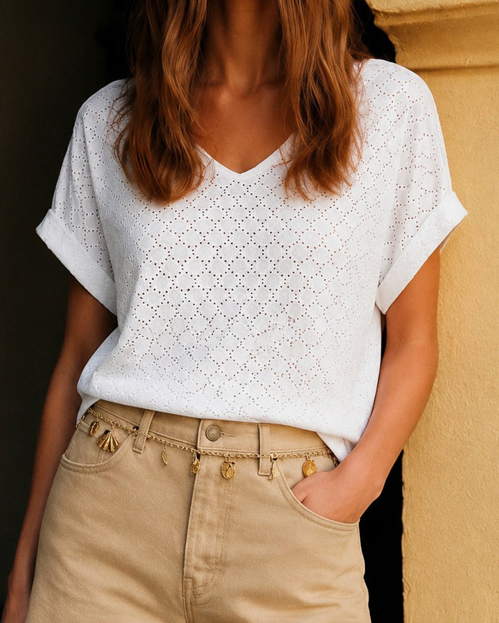 Camiseta Texturizada de Corte en V Blanca