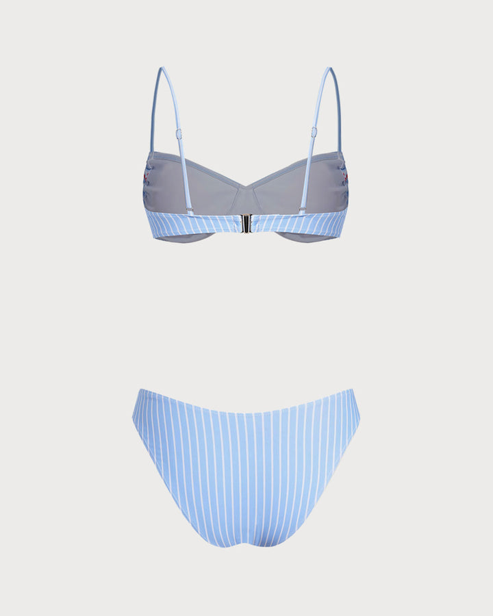 Conjunto de Bikini con Aros a Rayas Azul Claro