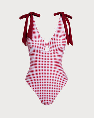 Traje de Baño de Una Pieza a Cuadros Color Rojo Vino