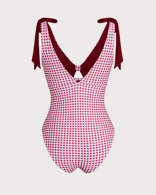 Traje de Baño de Una Pieza a Cuadros Color Rojo Vino