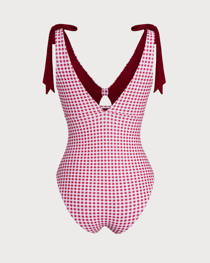 Traje de Baño de Una Pieza a Cuadros Color Rojo Vino