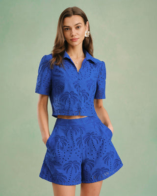 Blusa de Cuello de Botón Texturizado Azul