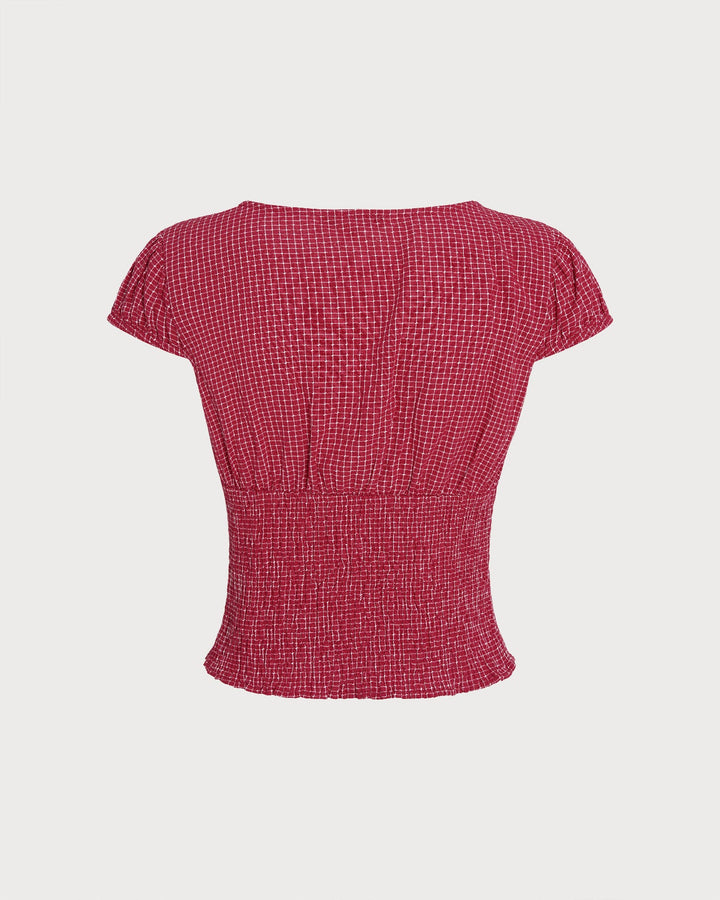 Blusa de Cuello Barco a Cuadros Roja