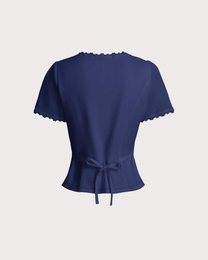 Blusa de Botones de Cuello Cuadrado en Azul Marino