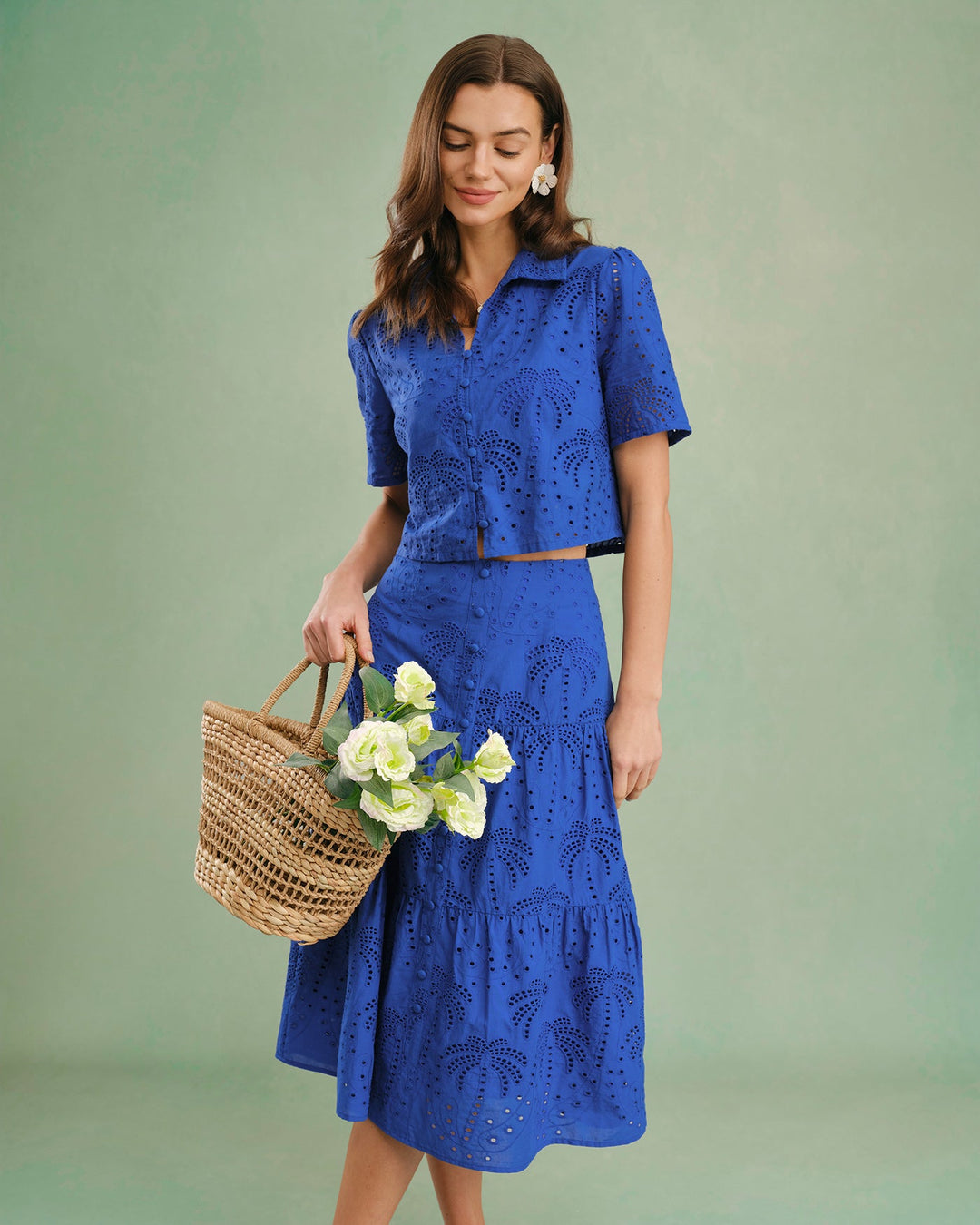 Blusa de Cuello de Botón Texturizado Azul