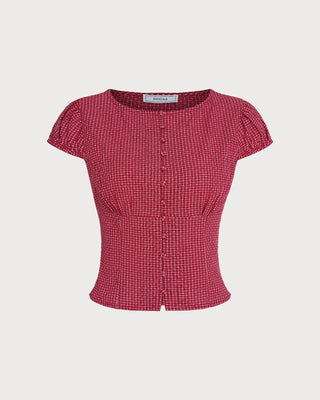 Blusa de Cuello Barco a Cuadros Roja