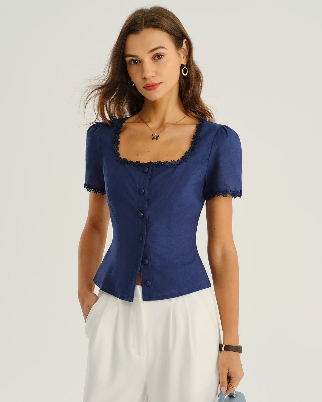 Blusa de Botones de Cuello Cuadrado en Azul Marino