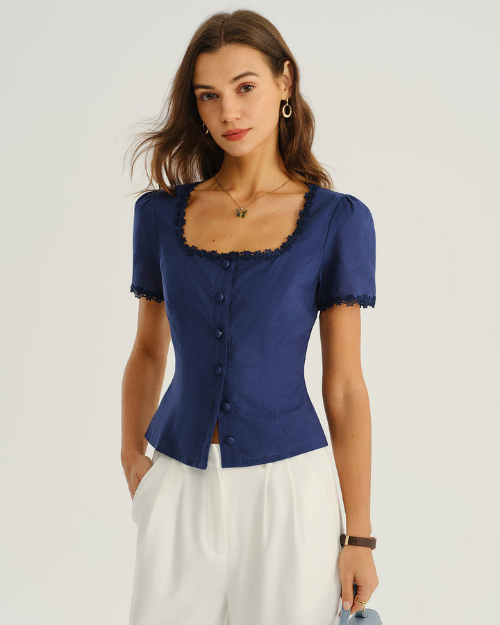 Blusa de Botones de Cuello Cuadrado en Azul Marino