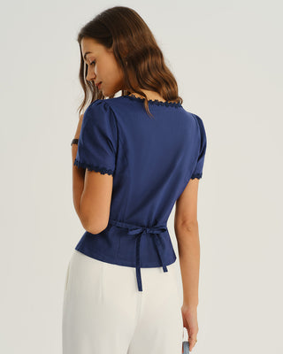Blusa de Botones de Cuello Cuadrado en Azul Marino