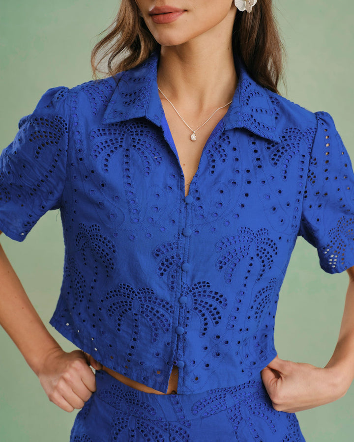 Blusa de Cuello de Botón Texturizado Azul