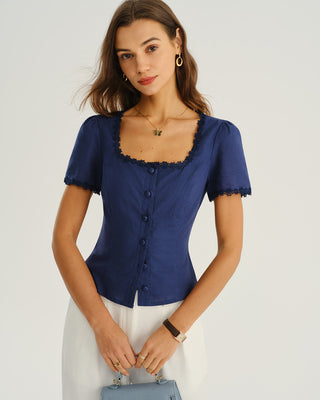 Blusa de Botones de Cuello Cuadrado en Azul Marino