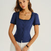 Blusa de Botones de Cuello Cuadrado en Azul Marino