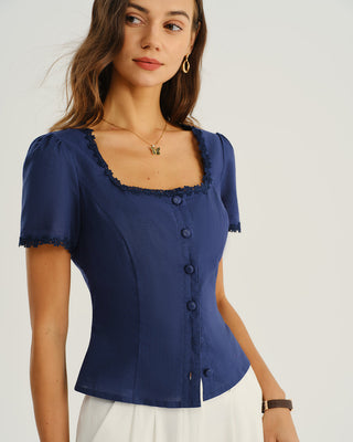 Blusa de Botones de Cuello Cuadrado en Azul Marino
