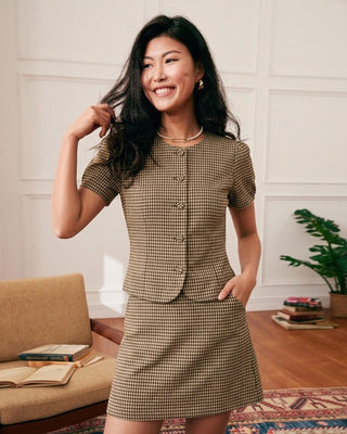 Blusa de Manga Abullonada a Cuadros Marrón