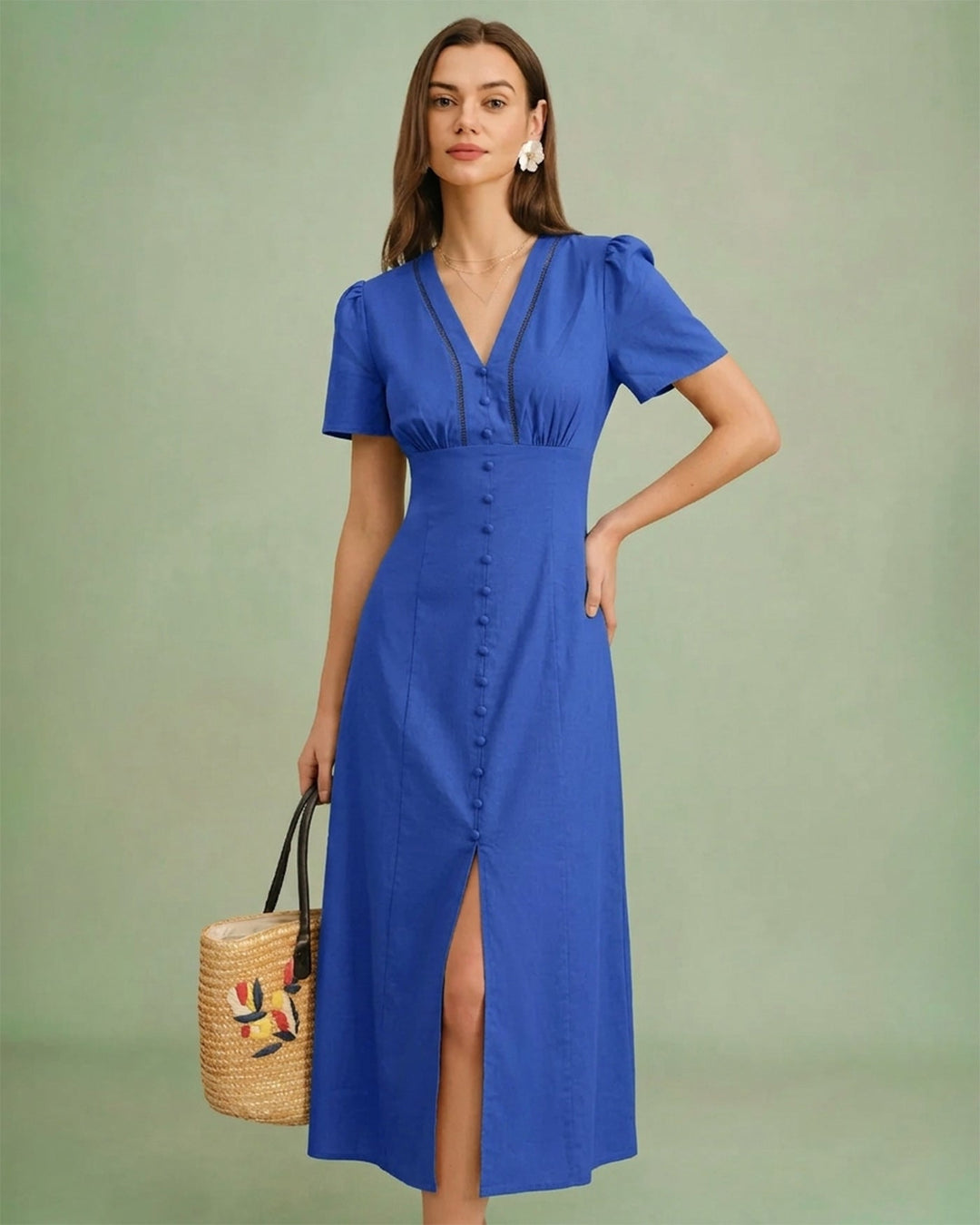 Vestido Midi A-Line con Botones y Escote en V Azul