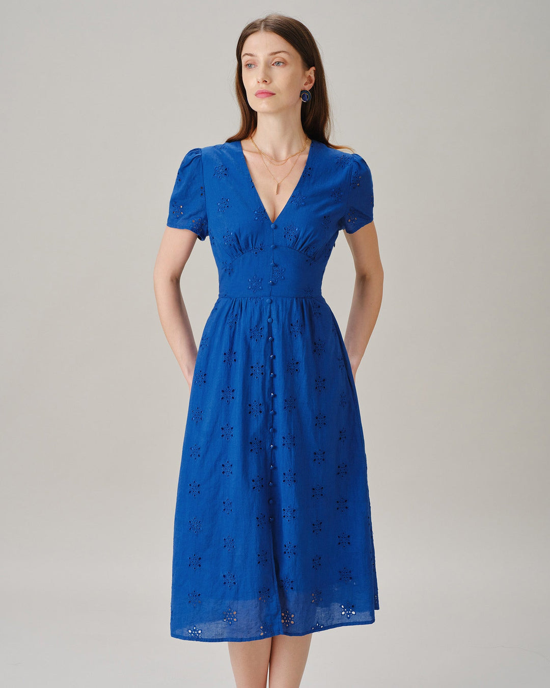 Vestido Midi de Manga Abullonada con Escote en V y Abertura Azul