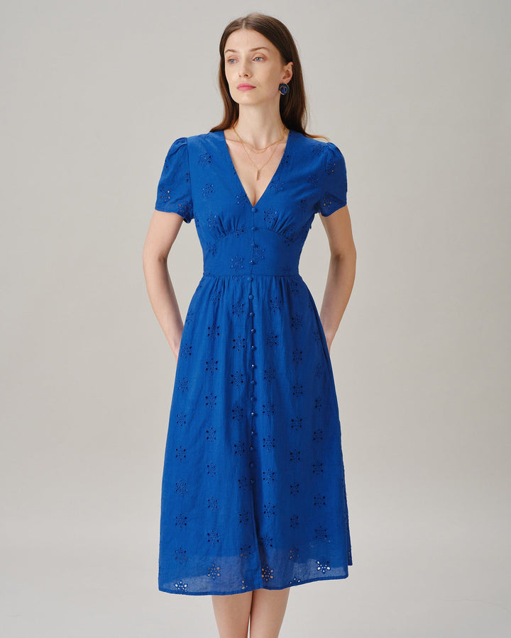 Vestido Midi de Manga Abullonada con Escote en V y Abertura Azul