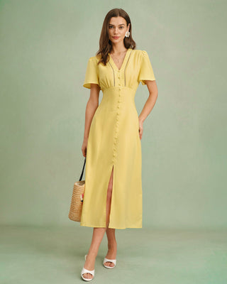 Vestido Midi Amarillo con Botones y Cuello en V
