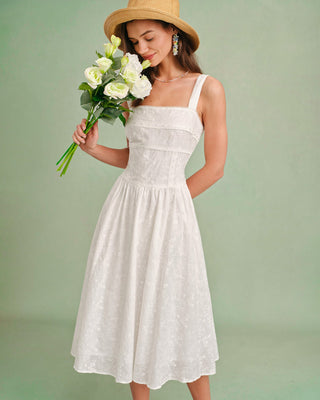 Vestido Midi Slip de Cuello Cuadrado Blanco