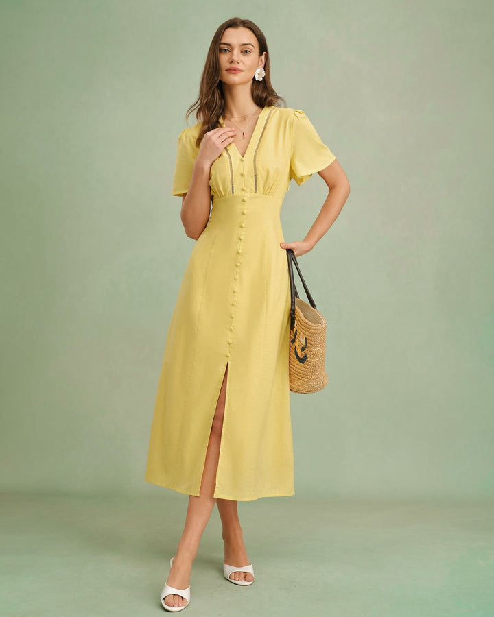 Vestido Midi Amarillo con Botones y Cuello en V