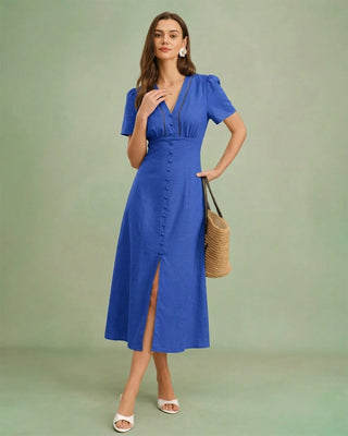 Vestido Midi A-Line con Botones y Escote en V Azul