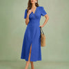 Vestido Midi A-Line con Botones y Escote en V Azul