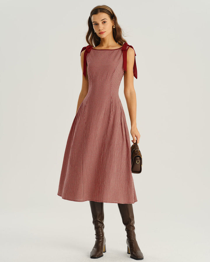 Vestido Midi A-Line con Tirantes de Cinta a Cuadros Rojos
