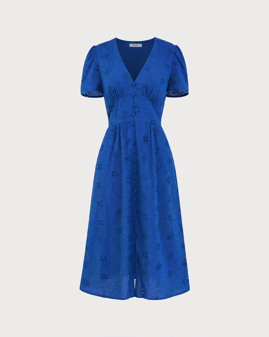 Vestido Midi de Manga Abullonada con Escote en V y Abertura Azul