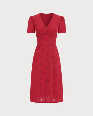 Vestido Midi Bordado con Escote en V Rojo