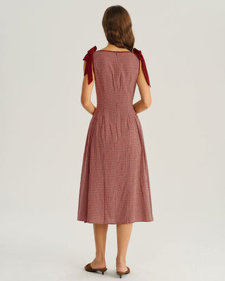 Vestido Midi A-Line con Tirantes de Cinta a Cuadros Rojos