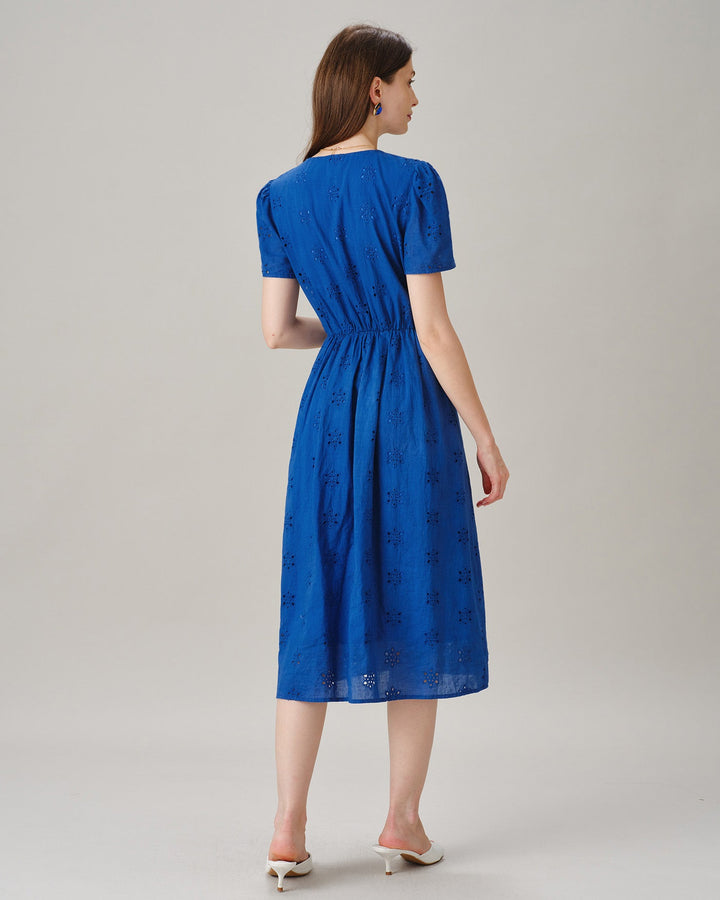 Vestido Midi de Manga Abullonada con Escote en V y Abertura Azul