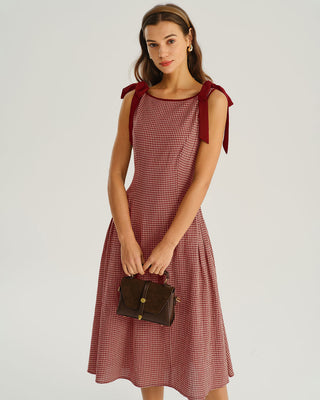 Vestido Midi A-Line con Tirantes de Cinta a Cuadros Rojos