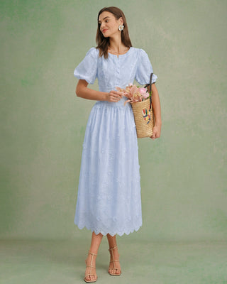 Vestido Midi Texturizado Floral Azul