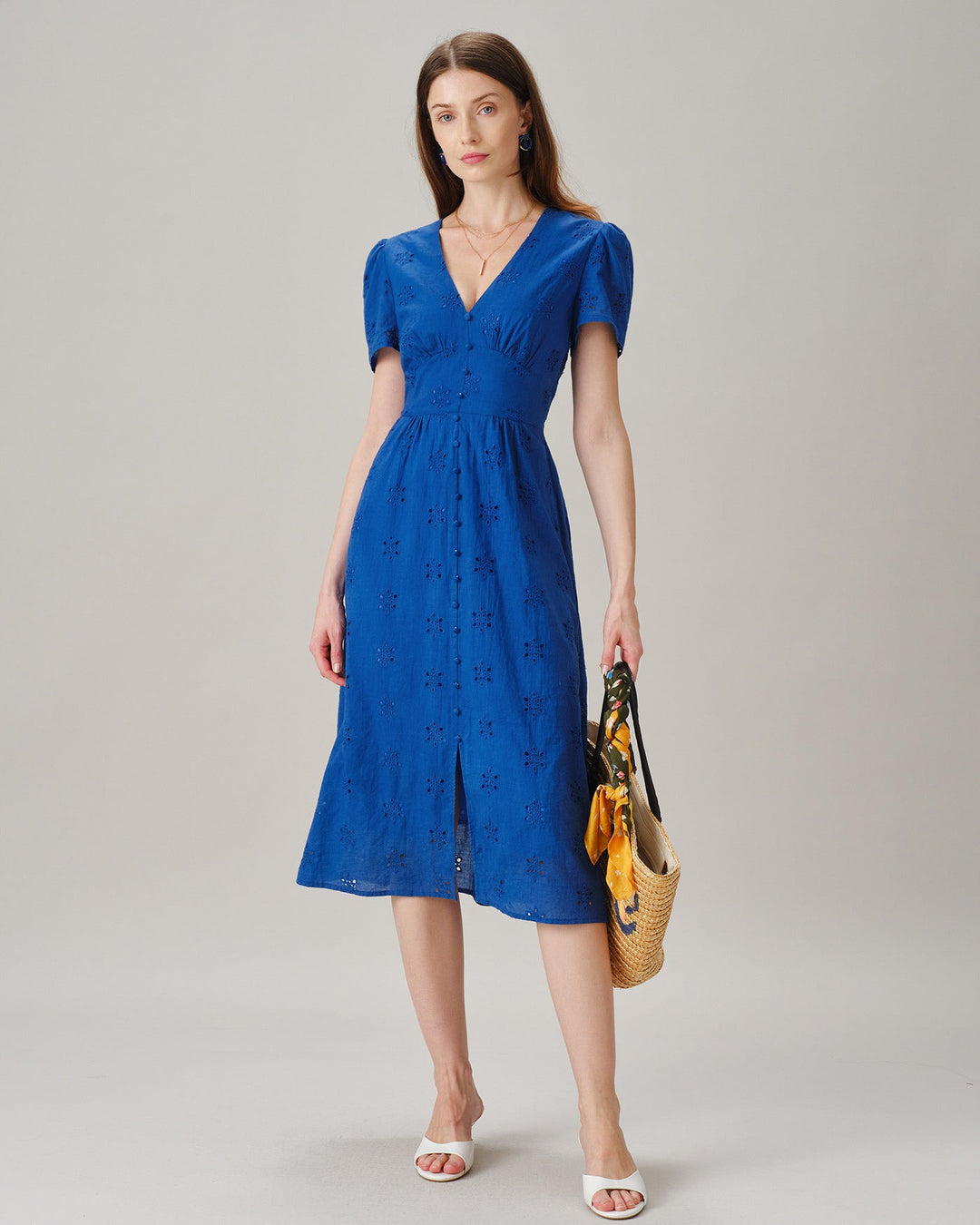 Vestido Midi de Manga Abullonada con Escote en V y Abertura Azul