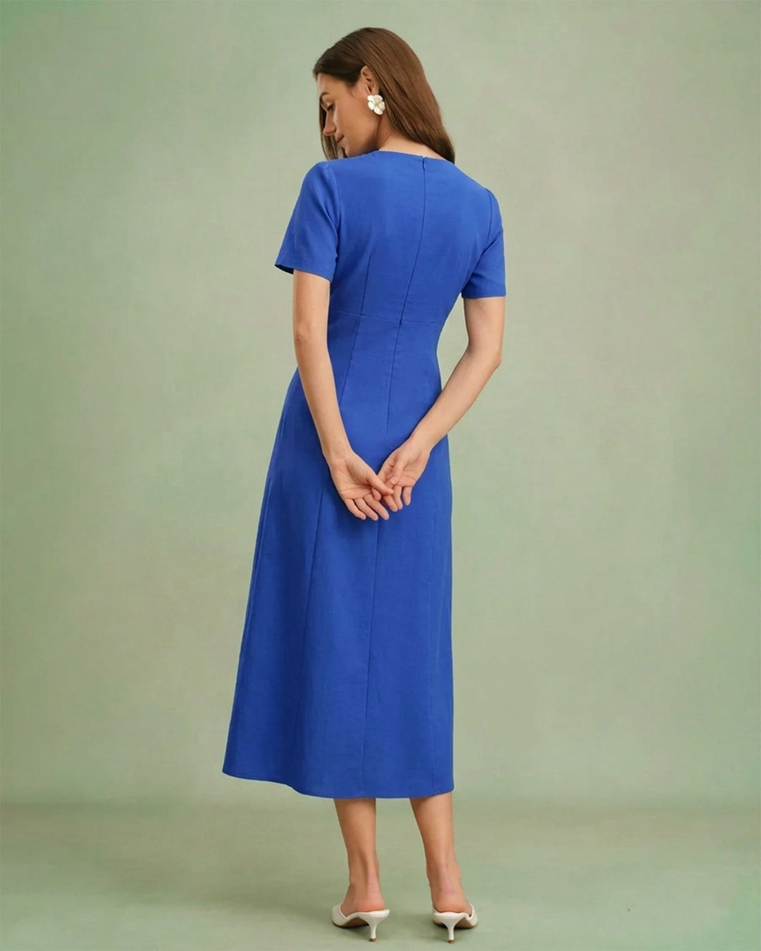 Vestido Midi A-Line con Botones y Escote en V Azul