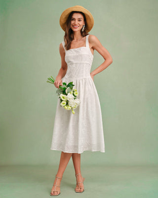 Vestido Midi Slip de Cuello Cuadrado Blanco