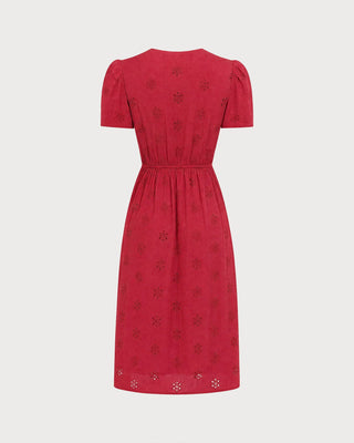 Vestido Midi Bordado con Escote en V Rojo