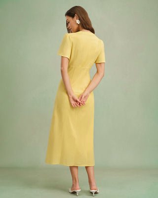 Vestido Midi Amarillo con Botones y Cuello en V