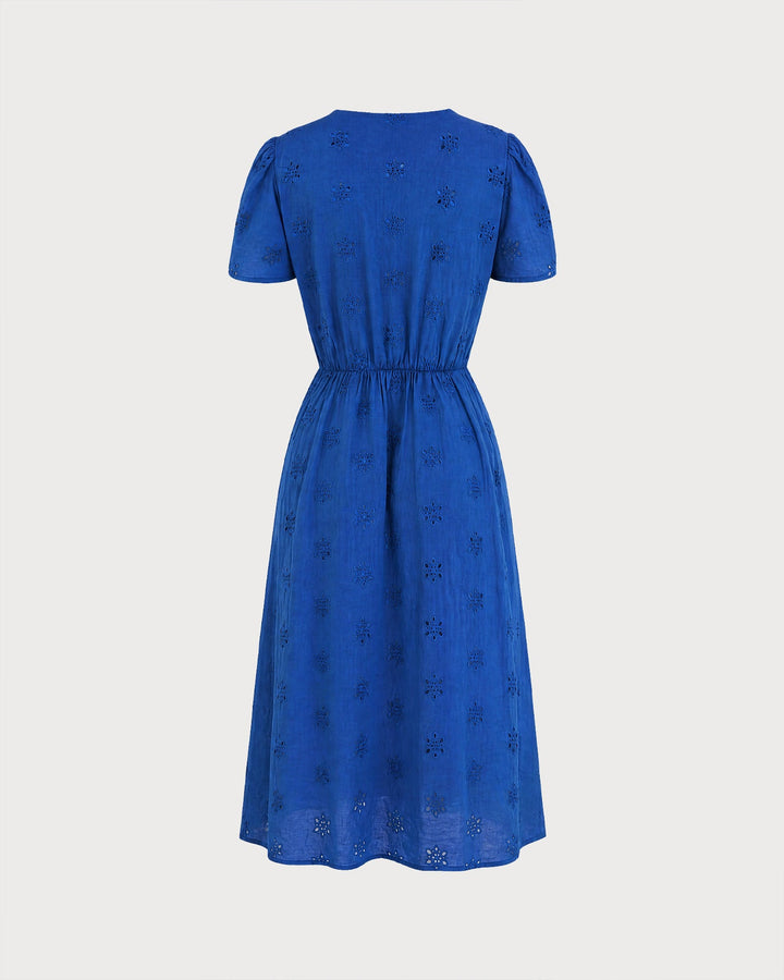 Vestido Midi de Manga Abullonada con Escote en V y Abertura Azul