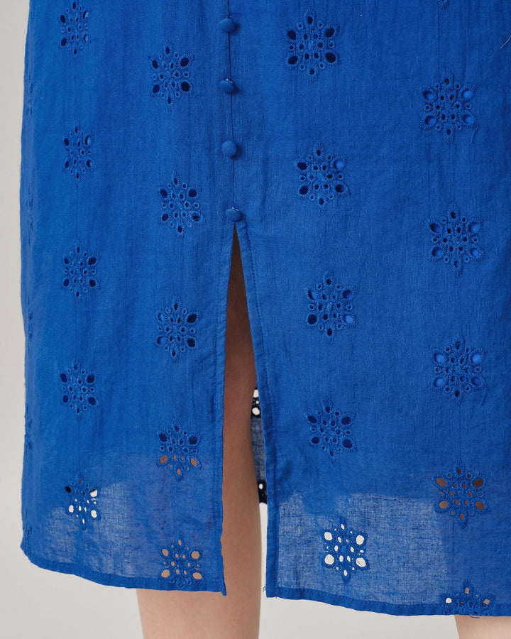 Vestido Midi de Manga Abullonada con Escote en V y Abertura Azul