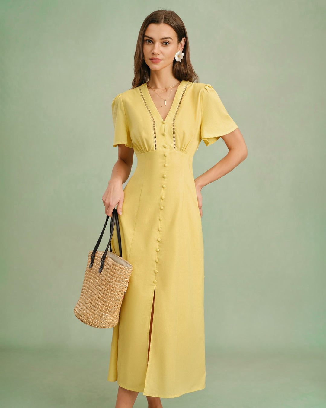 Vestido Midi Amarillo con Botones y Cuello en V