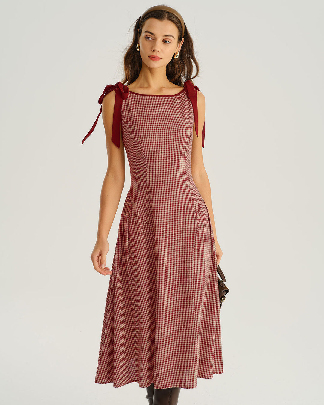 Vestido Midi A-Line con Tirantes de Cinta a Cuadros Rojos