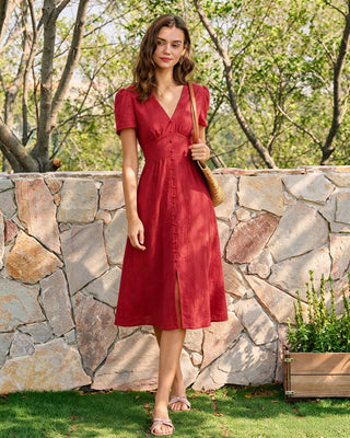 Vestido Midi Bordado con Escote en V Rojo