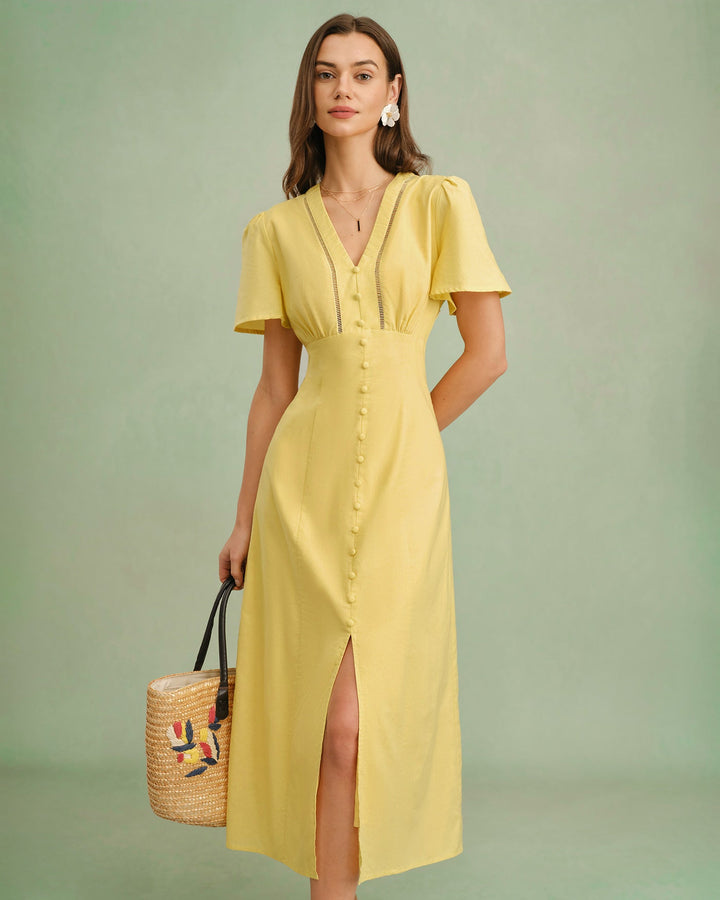 Vestido Midi Amarillo con Botones y Cuello en V
